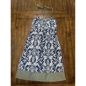 Vintage American Eagle Blue Damask Paisley Halter Dress Olive Green Trim Size‎ 4